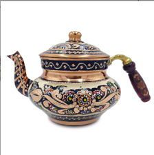 Turkish Traditional Embroidered Copper Tea Kettle with Wooden Handle 1.25 Liters