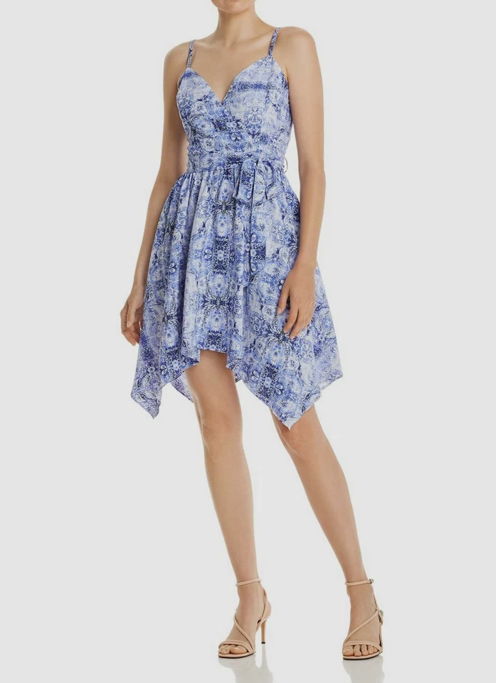 Aqua Womens Blue Paisley Handkerchief Hem Short Mini Dress S BHFO 1985