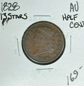 1828 CLASSIC HEAD HALF CENT ~ AU 13 STARS ~NICE COIN~ - Picture 1 of 2