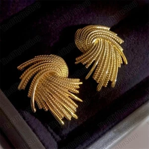 CLIP ON big spray MIRRORED RETRO EARRINGS art deco lines vintage style GOLD PLTD - Picture 1 of 6