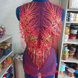 1 pz Collare giogo perline rosse rete toppa ricamata motivo applique pizzo - Foto 1 di 1