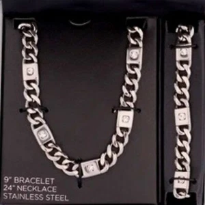 AMERICAN EXCHANGE 2pc SET Stainless Steel Clear Crystal Chain Necklace/Bracelet - Picture 1 of 3