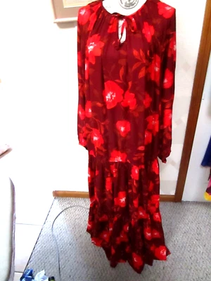 SONOMA-BURGUNDY/RED-FLORAL-LONG SLEEVE- RUFFLE HEM-MAXI DRESS-SIZE-XXL-NWT - Image 1 of 3
