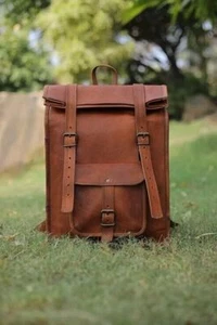 Herren Schulter Handarbeit Leder Rucksack Tasche Rucksack Original Reise Vintage - Bild 1 von 5
