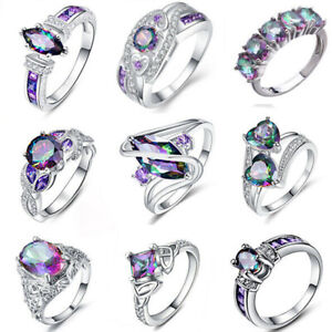 Mystic Rainbow & Blue Topaz Gemstone Silver Cocktail Wedding Gift Ring Sz 6-11 