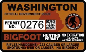 Calcomanía de vinilo Sasquatch 4" Washington WA Bigfoot Hunter permiso de caza - Imagen 1 de 1