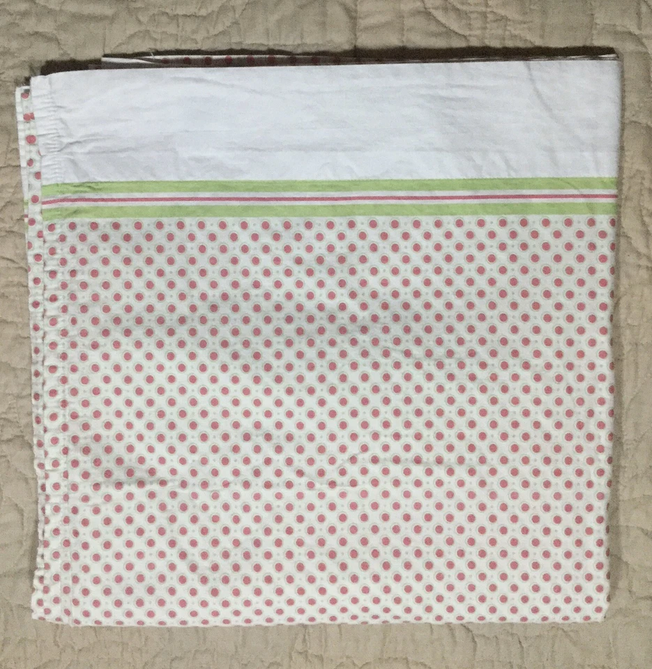 Tommy Hilfiger Twin Flat Sheet Pink Polka Dot Green Stripe White Cotton Circles - Image 1 of 3