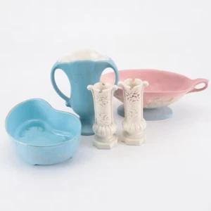 MCM Red Wing Pottery Vase & Candlesticks with Hull Pottery Console Bowl Planter - Picture 1 of 14