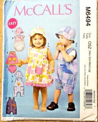 McCalls M6494 Infant Pullover Dress, Rompers, Jumpsuit, Panties, Hats NB-S-M-L - Image 1 of 4