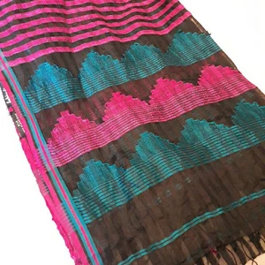 Fabindia Long Burnout Silk Scarf Black Pink Turquoise Striped Geometric 23x74 - Picture 1 of 4