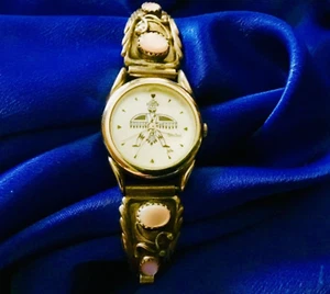 Vtg Sterling Silver Native American Signed Moonstone Band Ends Wrist Watch - Picture 1 of 6