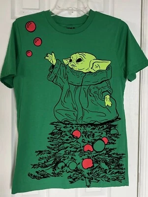 Youth XL Grogu Baby Yoda Christmas Graphic Print Short Sleeve Green T-Shirt - Image 1 of 4