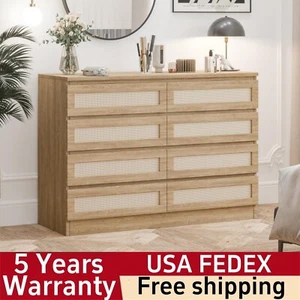 Rattan Chest of 8 Dresser Wide Wood Beside Table for Closet Nursery Living Room - Picture 1 of 8