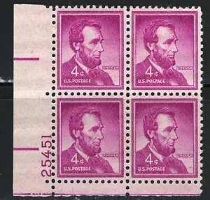 #1036 1954 4-cent Abraham Lincoln block of 4 with plate# MNH - Picture 1 of 1