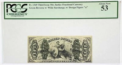 1864-1869 US 50 CENTS FRACTIONAL LADY JUSTICE GREEN BACK NOTE FR#1369 PCGS AU 53 - Image 1 of 2