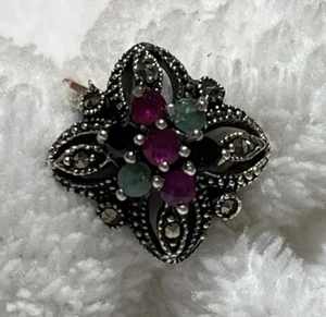 Natural Ruby Sapphire Emerald Marcasite Cluster Ring 925 Sterling Silver Sz 6.75 - Picture 1 of 8