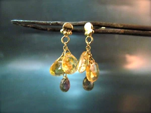 Earrings. 14K yellow gold earrings with pink Tourmaline and yellow citrine. - Picture 1 of 8