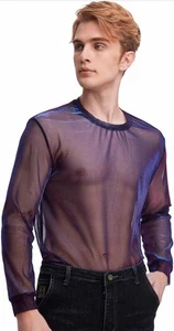 Milumia Herren Gr. XL Sheer Mesh Iridescent Metallic Hot Pink Blau Schwarz Hemd - Bild 1 von 6