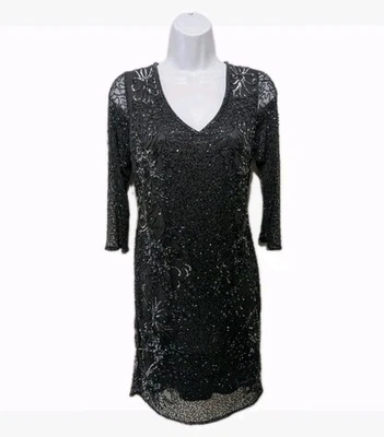 Nuevo Vestido de Cóctel Pisarro Nights Cuentas Cuello en V Gris Oscuro Manga Transparente Talla 8 Foto 1 de 4