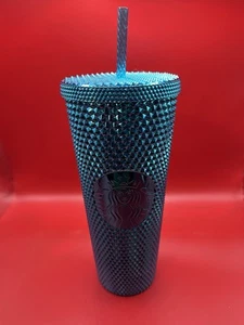 Starbucks Summer 2023 Metallic Chrome Teal Blue Bling Studded 24 oz. Tumbler - Picture 1 of 5