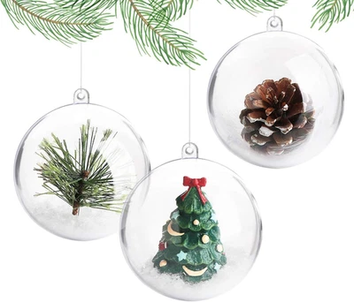 20 Palline per Albero Di Natale, Da Riempire, in Plastica Trasparente Con Piume, - Immagine 1 di 4