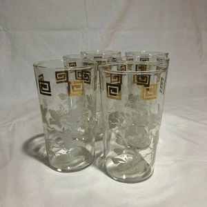 Anchor Hocking White Leaves & Gold Grecian Key Tumblers 5" Tall, set of 6 - Picture 1 of 8