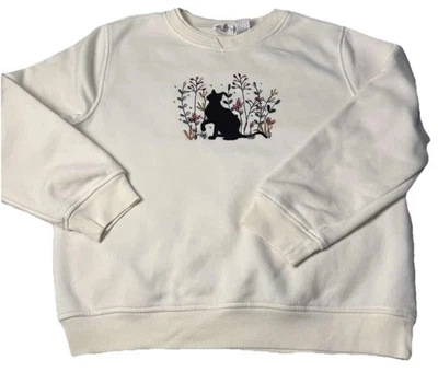 Hasting & Smith Women’s Cream Sweatshirt Embroidery Black Cat Floral Crewneck PM - Image 1 of 4