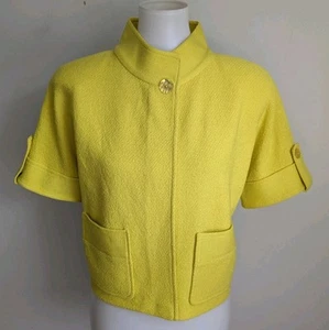 ST JOHN Knit Jacket 10 Citron Yellow Stretch Short Sleeve Button Cardigan USA - Picture 1 of 19