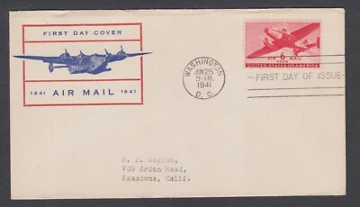 US Sc C25 FDC. 1941 6c carmine Transport Plane, unlisted cachet, addressed - Image 1 of 2