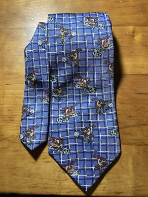 Looney Tunes Taz Soccer Neck Tie Vintage ‘97 Blue Checkered 100% Silk - Image 1 of 4