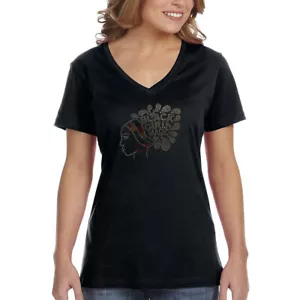 XtraFly Apparel Women's Black Girl Magic Sequin Afro Rasta Party V-neck T-shirt - Picture 1 of 3