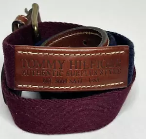 Vintage Tommy Hilfiger Canvas Belt Color Block Maroon/Navy Leather Brass USA - Picture 1 of 10