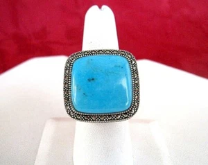 925 STERLING SILVER S.M.J.LARGE TURQUOISE MARCASITE RING SIZE 7.5 - Picture 1 of 11