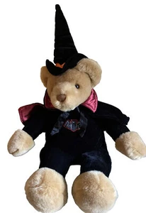 Vintage Bear Plush Witch Hat Velvet Satin Cape Embroidered Bat Halloween 10” - Picture 1 of 9