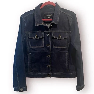 Jaqueta jeans Ann Taylor azul lavagem escura botões de destaque acabamento preto dourado G - Imagem 1 de 4