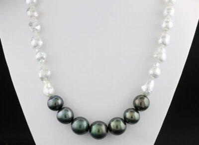 Collana di Perle Keshiperlen / Mari Sud Tahiti Nero-Bianco 585er Oro Bianco - Immagine 1 di 4