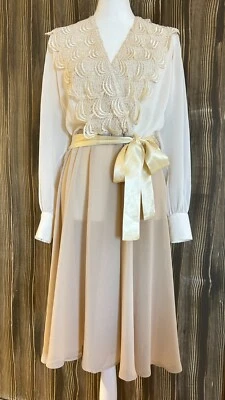 Vintage Ursula Of Switzerland Dress 5/6 Chiffon Lace Bodice Belted Midi Fairy - Image 1 of 4