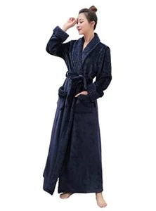 Long Bath Robe for Womens Plush Soft Fleece Bathrobes Small-Medium Navy Blue - Picture 1 of 7
