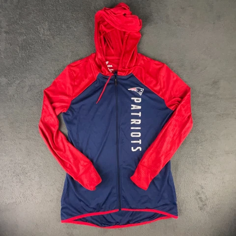 New England Patriots Sweater Womens Medium Red Blue Hoodie Thumb Holes Fanatics Cover