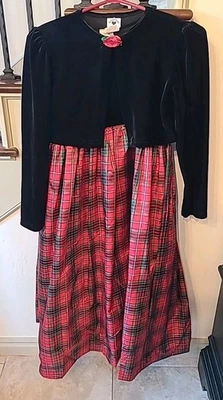 Vintage 90s Hartstrings Girls Black Velvet Jacket Red Plaid Holiday Dress Sz 14 - Image 1 of 4
