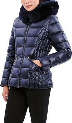 Dawn Levy Women's Slim Flitted Puffer Jacket With Genuine Shearling Trim At Hood - Image 1 of 4
