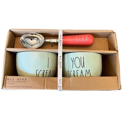 Rae Dunn I Scream You Scream Ice Cream Bowls & Scoop Green Boxed New Great GIFT - Image 1 of 4