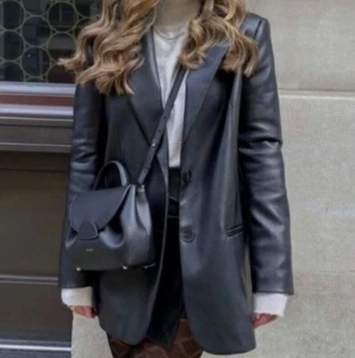 Zara Oversized Faux Leather Blazer Size Medium Black Lined Two Button Pockets - Image 1 of 4