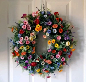 Large Deluxe Handmade Artificial Summery Door Wreath With Mixed Vibrant Flowers - Picture 1 of 1