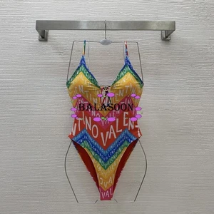 New Rainbow Printed Metal Accessories Decorate Backless One-Piece Swimsuit - Picture 1 of 7