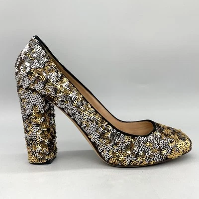 Zapatos de salón J Crew para mujer Etta de lentejuelas metálicos dorados plateados tacones gruesos sin cordones Foto 1 de 4