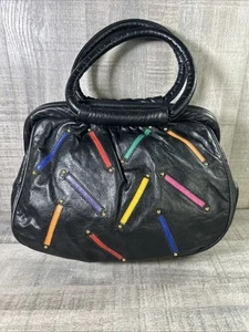 VTG JUDY SIMON Italian leather Purse Black Leather Colored Lines 19802 vintage - Picture 1 of 11