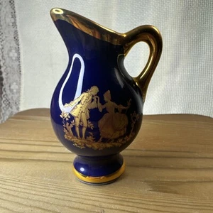 Limoges France Miniature Cobalt Blue Pitcher With Courting Couple 22K Gold 3” - Picture 1 of 8