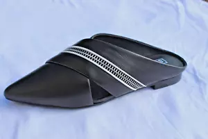 NEW SOL SANA WOMENS ZIP FLAT LEATHER SLIDE SILVER ZIPPER ACCENT CRISS CROSS POIN - Picture 1 of 10