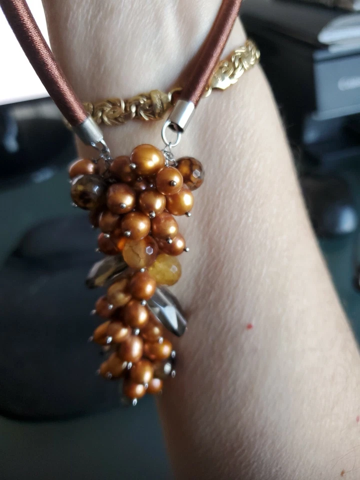 LP DESIGNER GENUINE SMOKY QUARTZ & BROWN PEARLS SILK CORD NECKLACE 27" NWOT  - Image 1 of 4